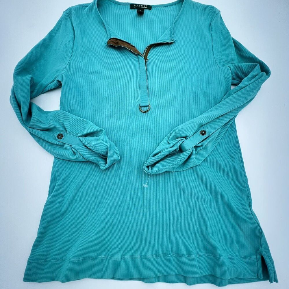 Lauren Ralph Lauren T-Shirt Women's XL Blue Teal Roll Tab Sleeve Ribbed Top